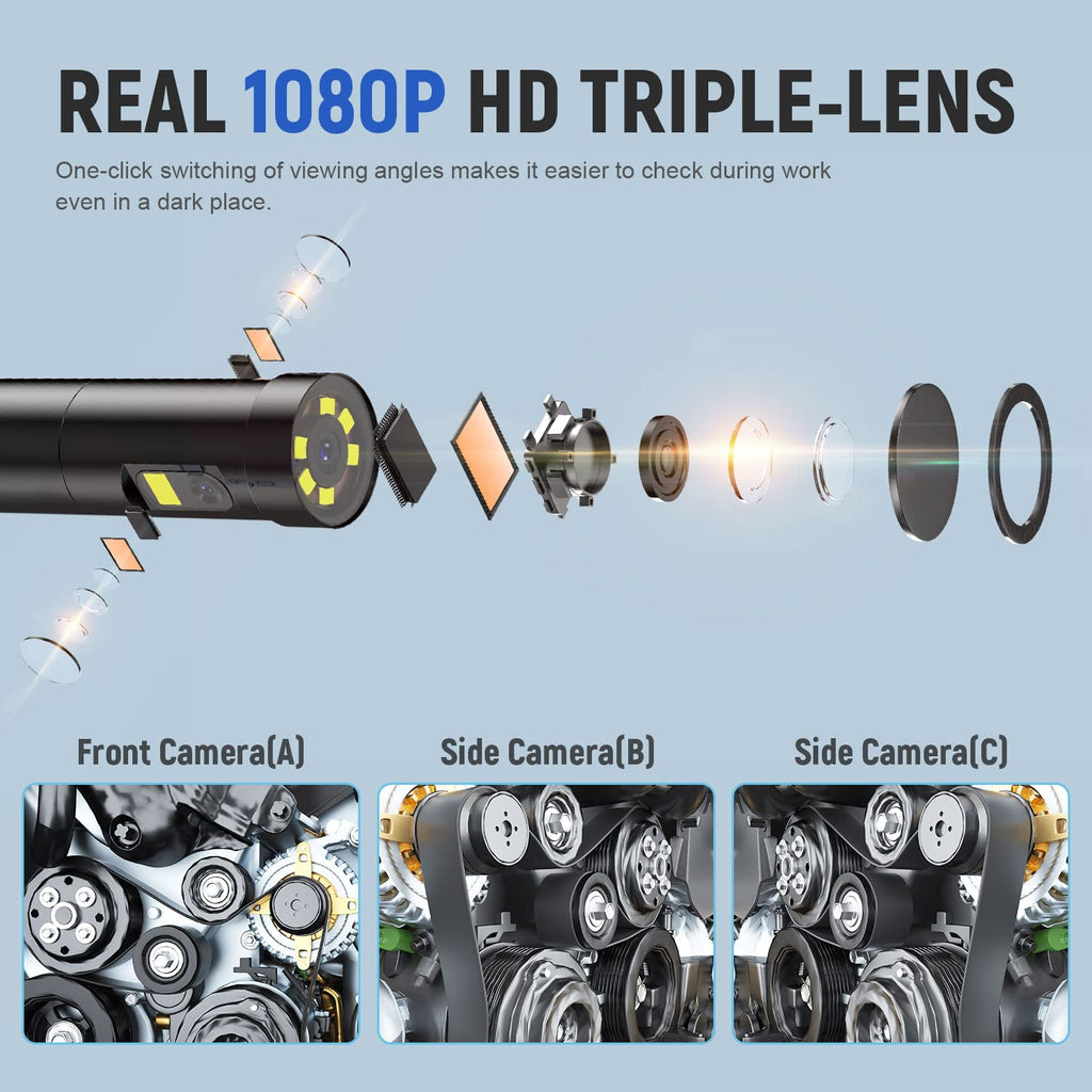 Triple Lens Industrial Endoscope Camera with 4.3'' IPS Screen 1080P HD Waterproof H8925