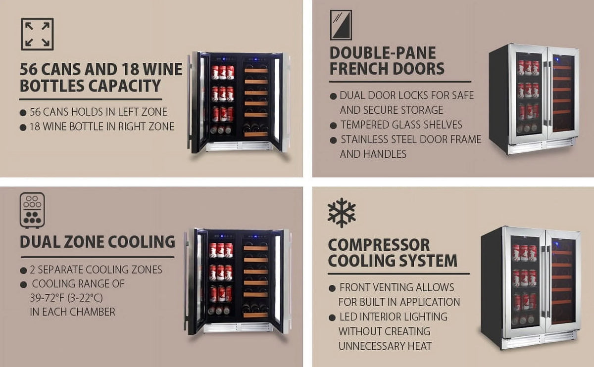 18 Bottles and 56 Cans 24 Inch Dual Zone Wine Cooler and Beverage Fridge S7116