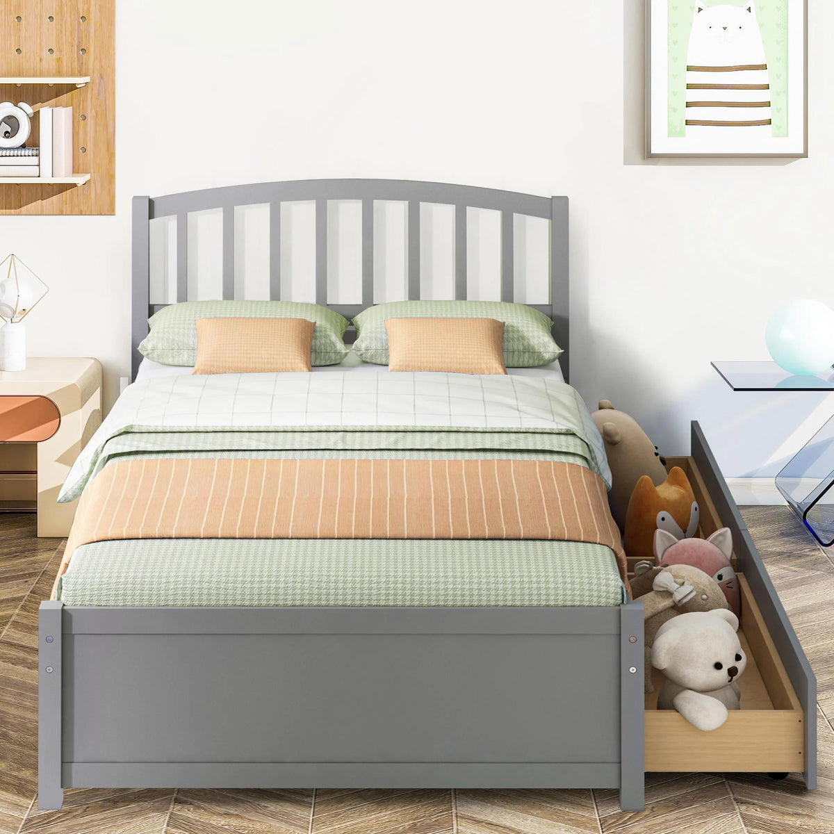 White Wood Twin Size Platform Bed with 2 Drawers F17633