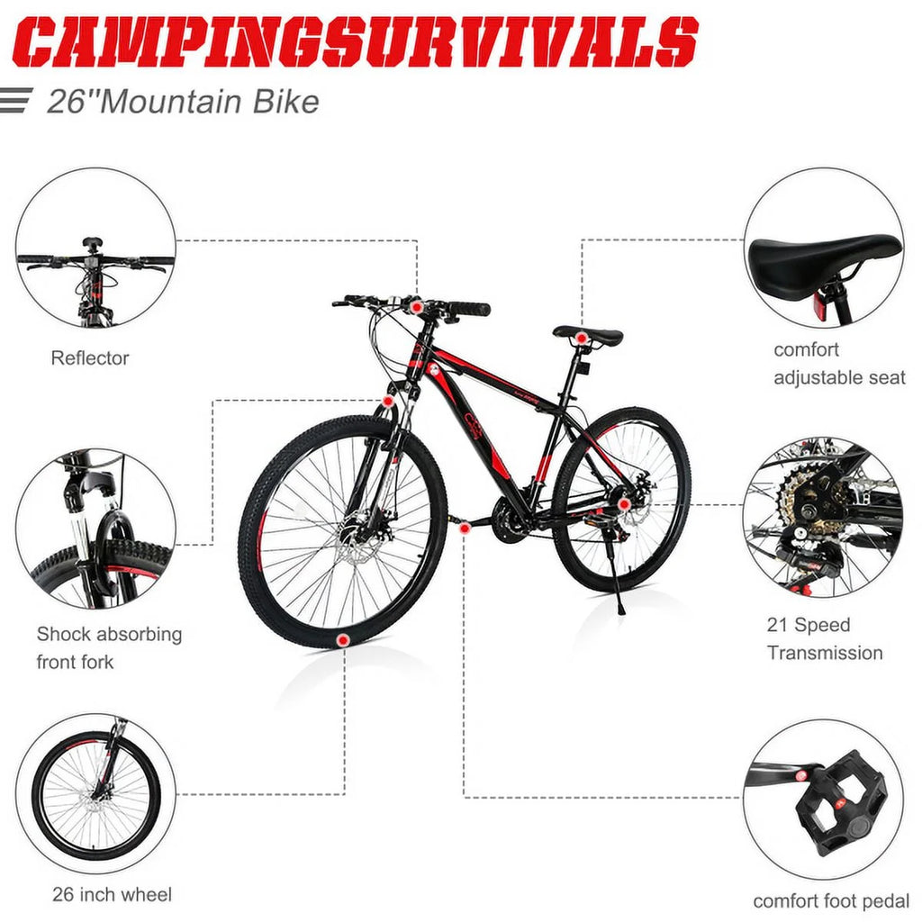 26 Inch 21 Speed Red Black Mountain Bike U327