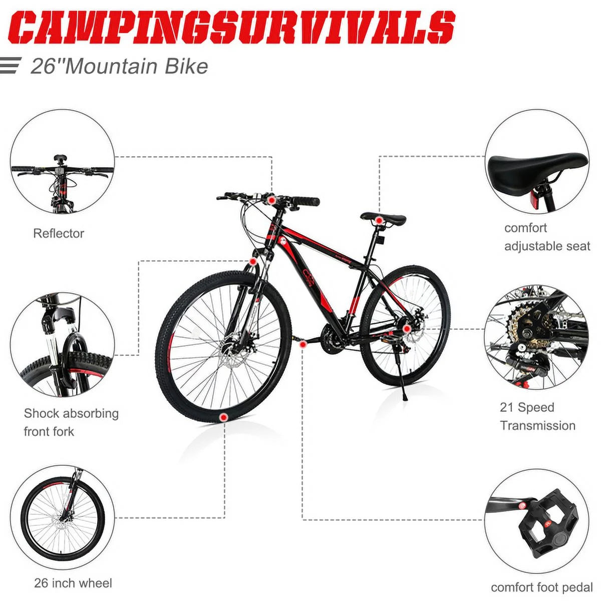 26 Inch 21 Speed Red Black Mountain Bike U327