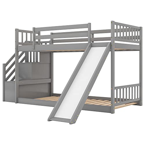 Twin Over Twin Wood Bunk Bed with Slide and Storage Drawers N2297