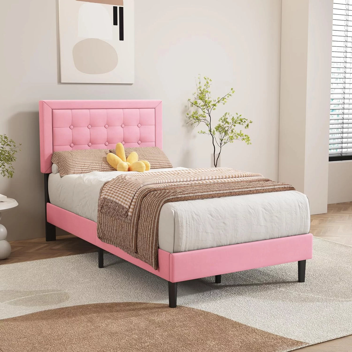 Pink Velvet Upholstered Platform Bed Frame Twin Size Q176