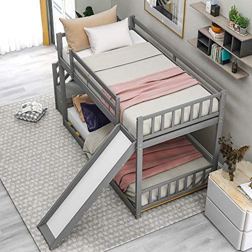 Twin Over Twin Wood Bunk Bed with Slide and Storage Drawers N2297