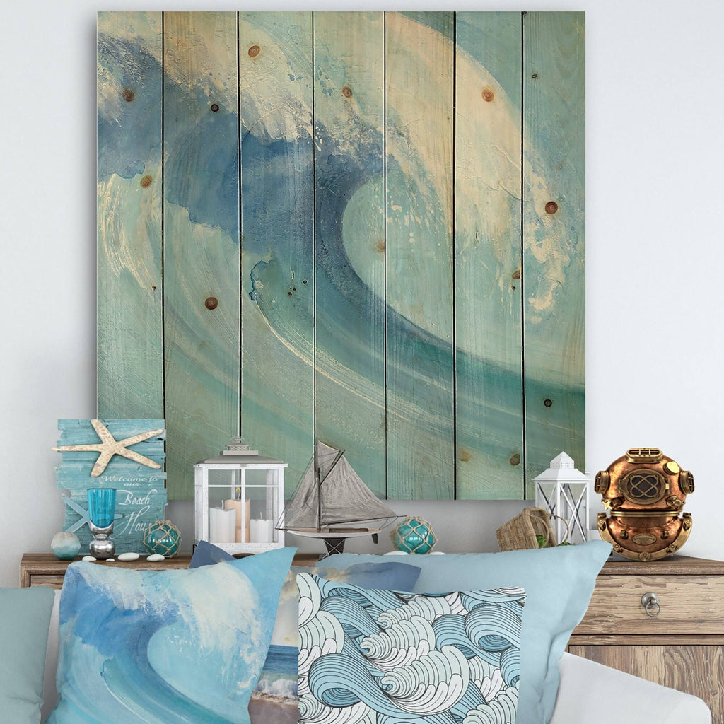 Ocean Wave Coastal Print on Natural Pine Wood Blue 46 in. Wide x 46 in. High R8078