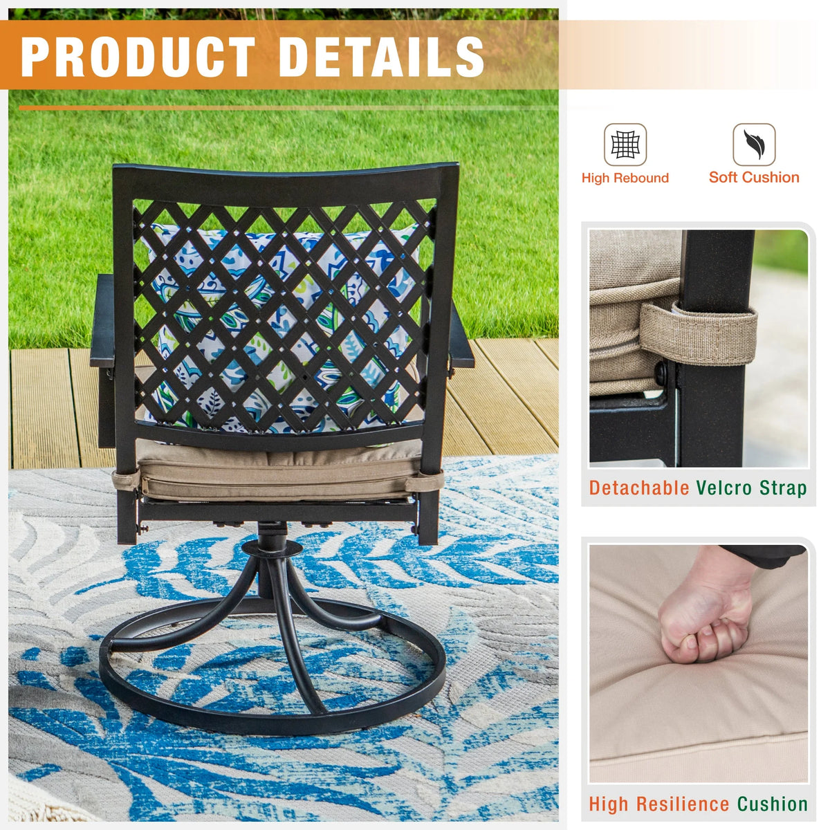 Set of 2 Metal Swivel Outdoor Dining Chairs with Beige Cushions K6448