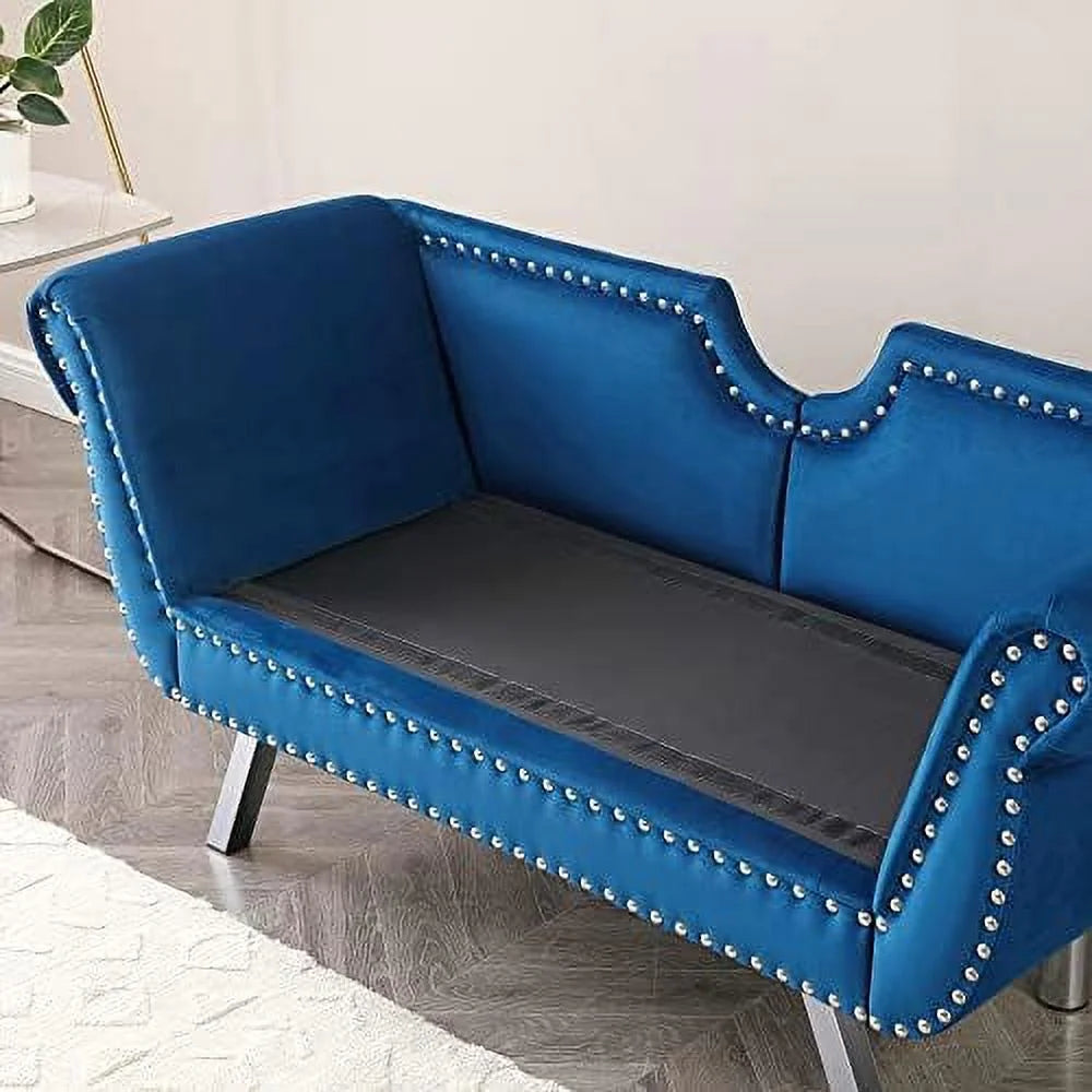 Velvet Ottoman Bench with Back and Silver Metal Legs I671