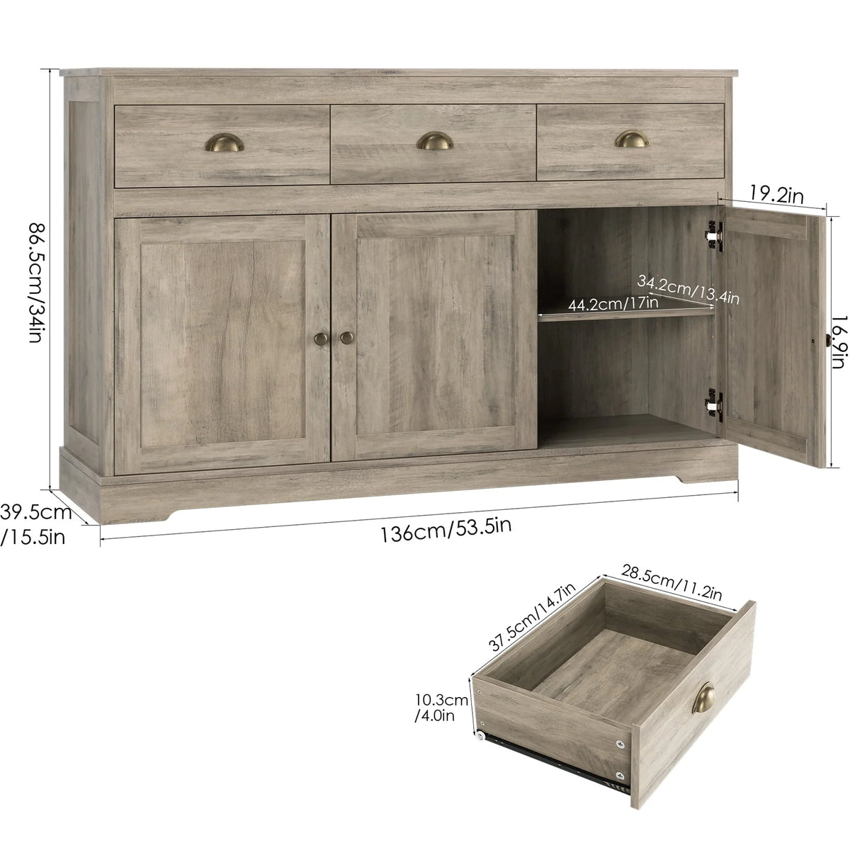 White 3 Drawer 3 Door Sideboard Storage Cabinet L727