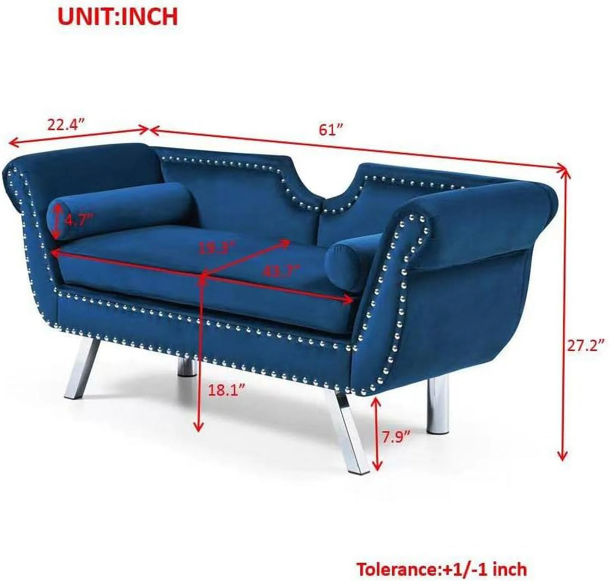 Velvet Ottoman Bench with Back and Silver Metal Legs I671