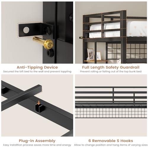 Twin Size Black Metal Loft Bed with Desk and Drawers X52344