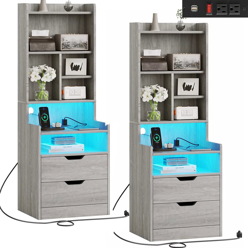 Set of 2 Gray Nightstand with Charging Station and 2 Drawers Y161604