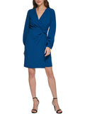 Long Sleeve Surplice Neck Faux Wrap Dress Blue Size 10 E174977