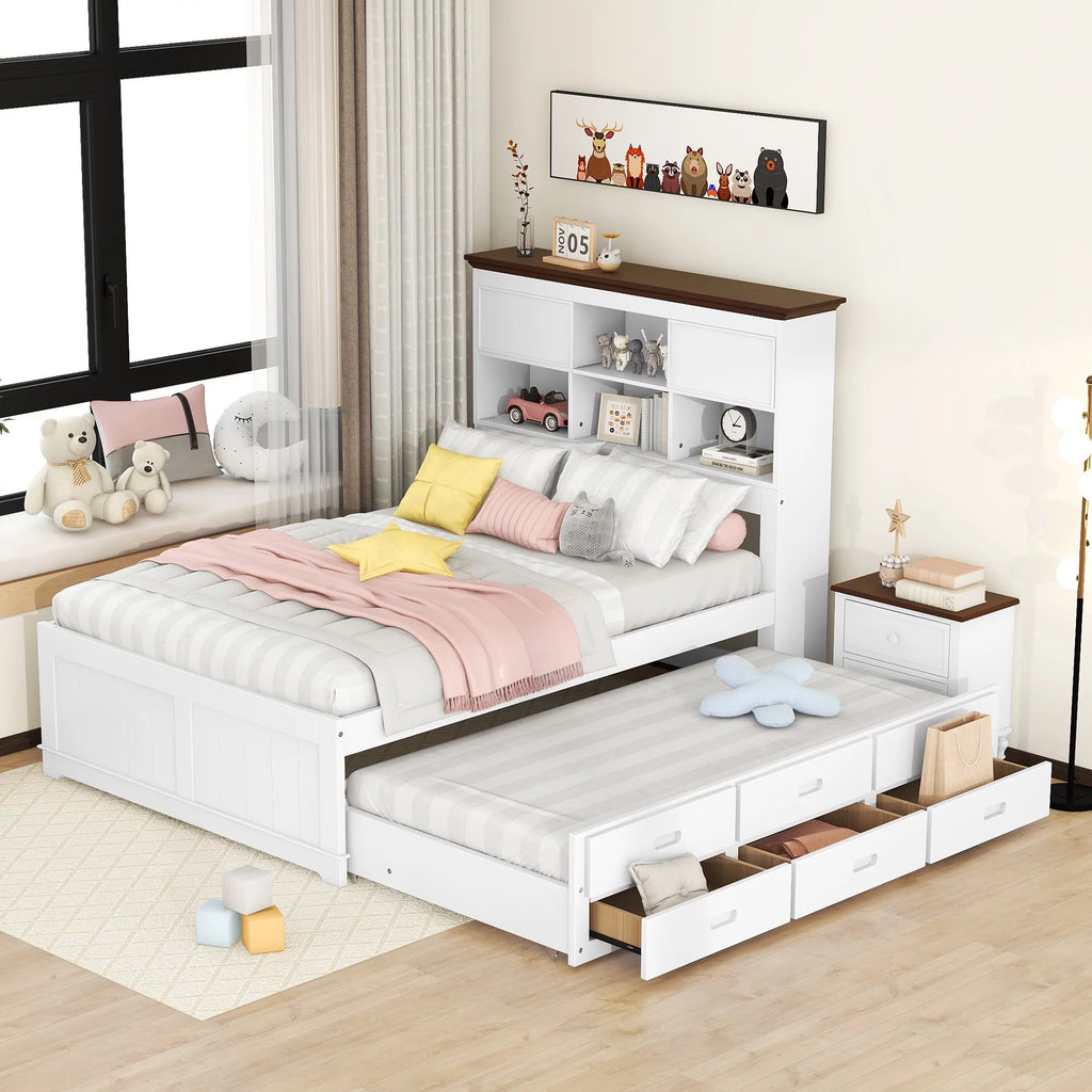 Full Size Wood Platform Bed with Drawers and Trundle K50580
