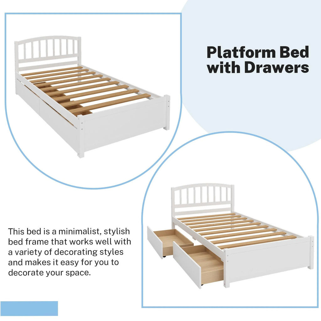 White Wood Twin Size Platform Bed with 2 Drawers F17633