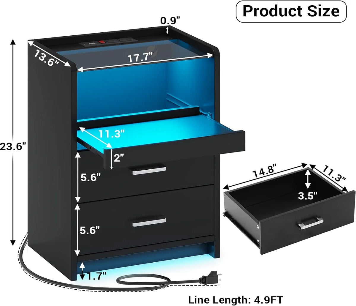 Black LED Nightstand with Charging Station, 2 Drawers P916