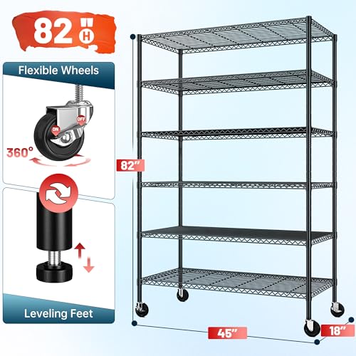 82" H X45 W X18 D 6 Tier Adjustable Metal Shelving with Wheels, Black U7062