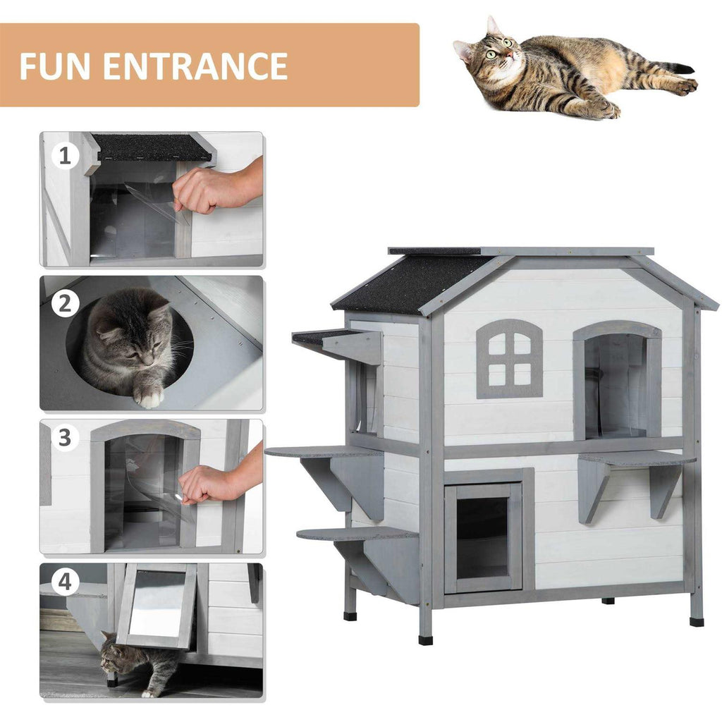 Wooden 2-Story Outdoor Cat House with Escape Door Q739881