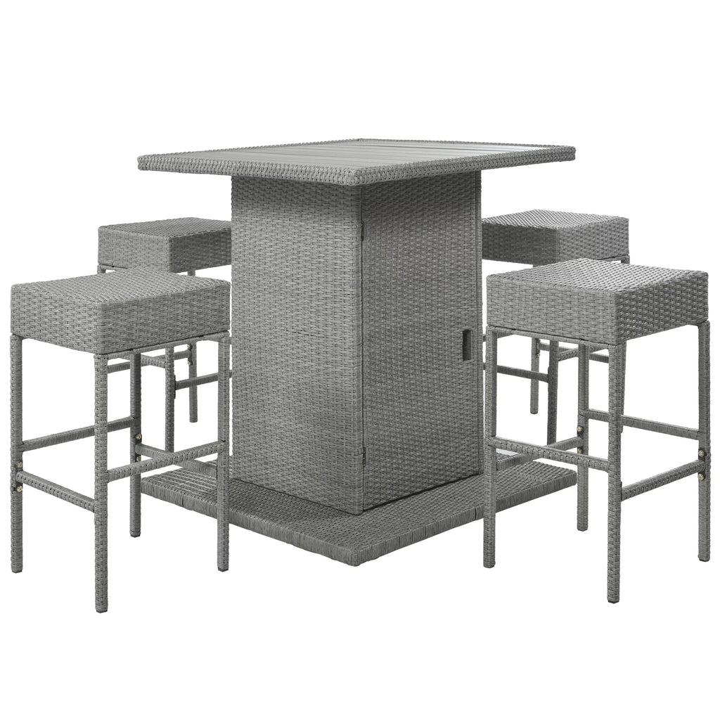 5 Piece Counter Height PE Rattan Patio Dining Set with Storage Table and Cushions O833821