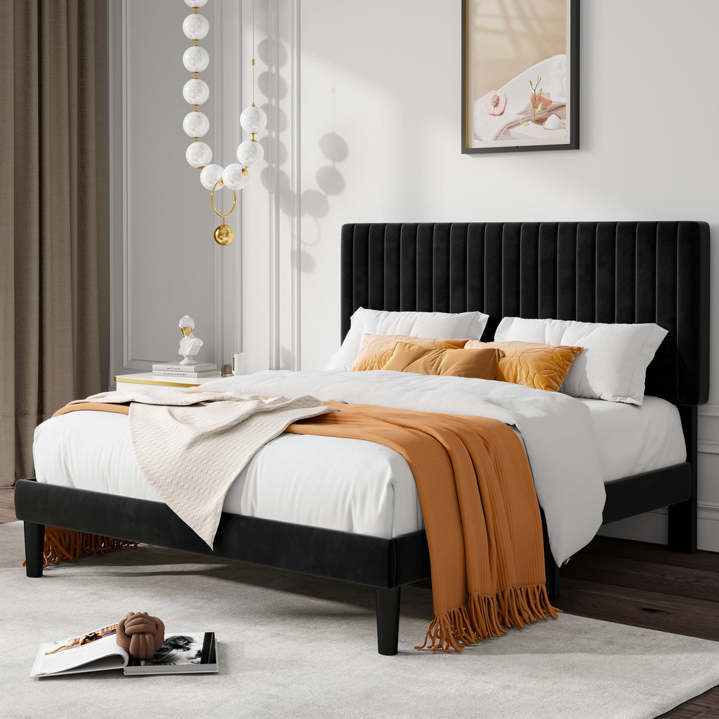 Queen Size Black Velvet Upholstered Platform Bed Frame Y905538