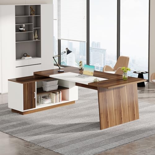 L-Shaped Executive Office Desk with Storage Cabinet and Shelves P923573