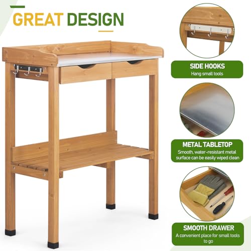 Wooden Potting Bench Table with Metal Tabletop and Open Shelf F978