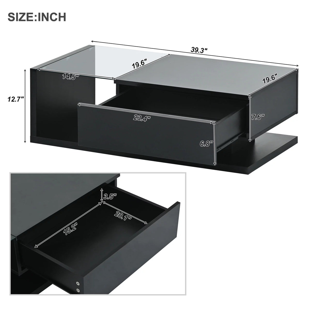 39.3" Black 2-Tier Coffee Table with Tempered Glass A942925