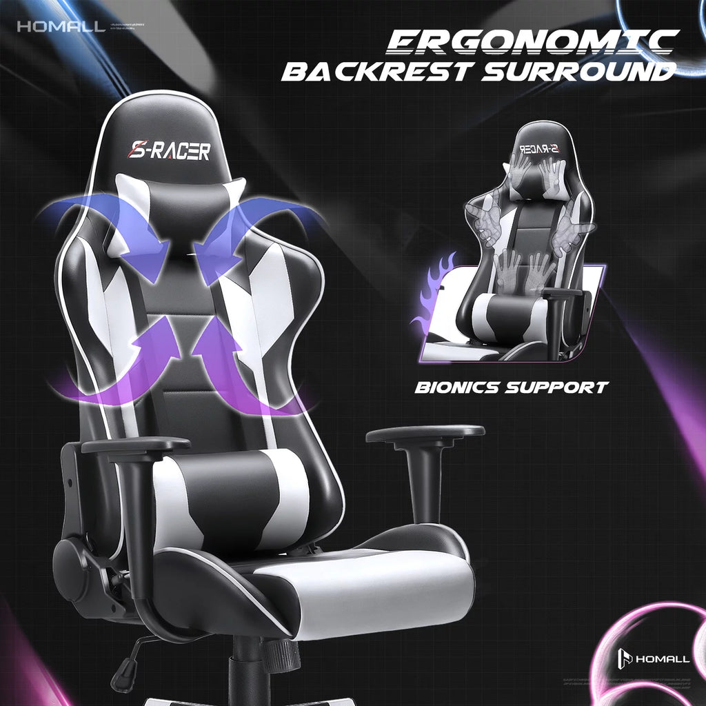 White Ergonomic Leather Gaming Chair with Headrest and Lumbar Support I587