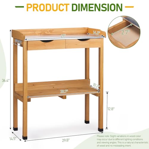 Wooden Potting Bench Table with Metal Tabletop and Open Shelf F978