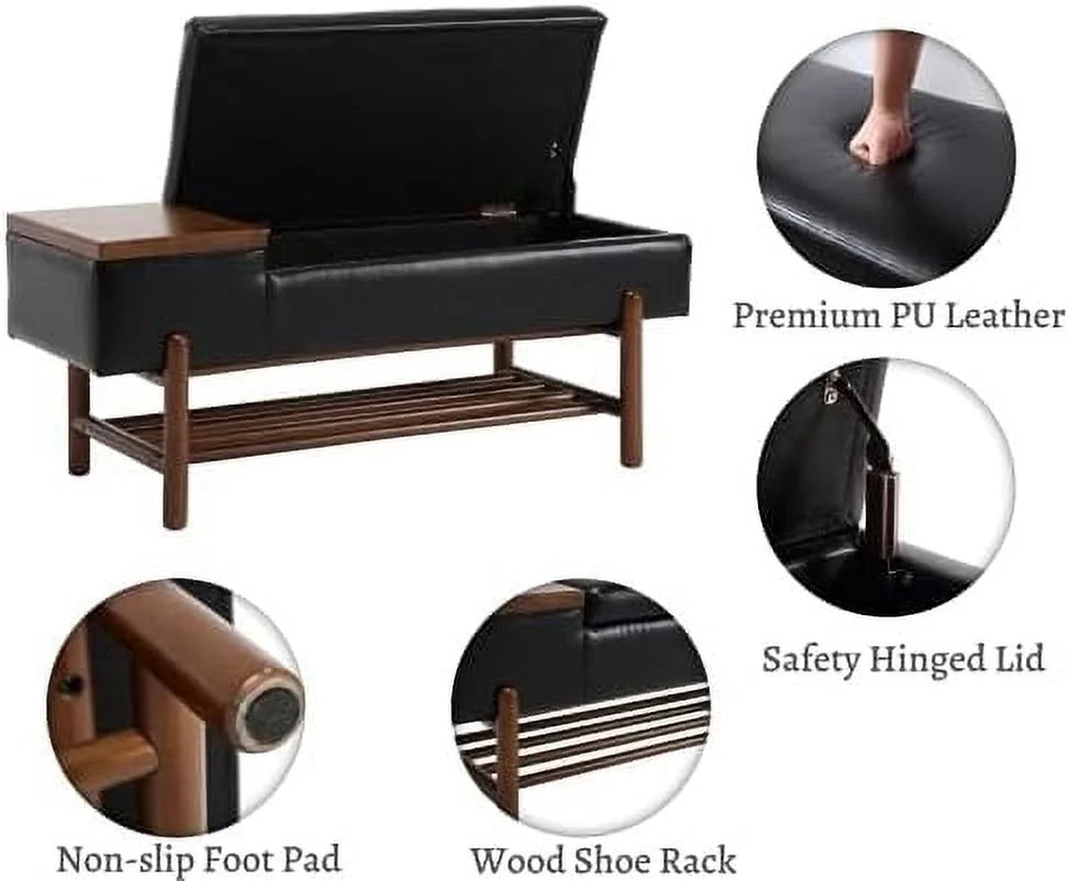 Green Leather Upholstered Ottoman Bench with Wood Shoe Rack O102