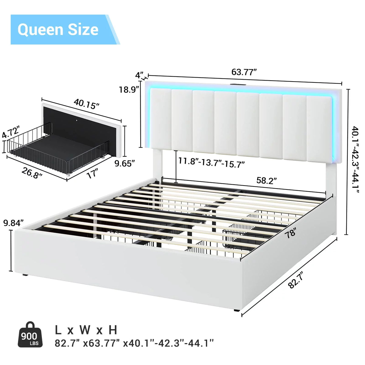 Queen LED Bed Frame with 4 Storage Drawers and USB Ports White J67593