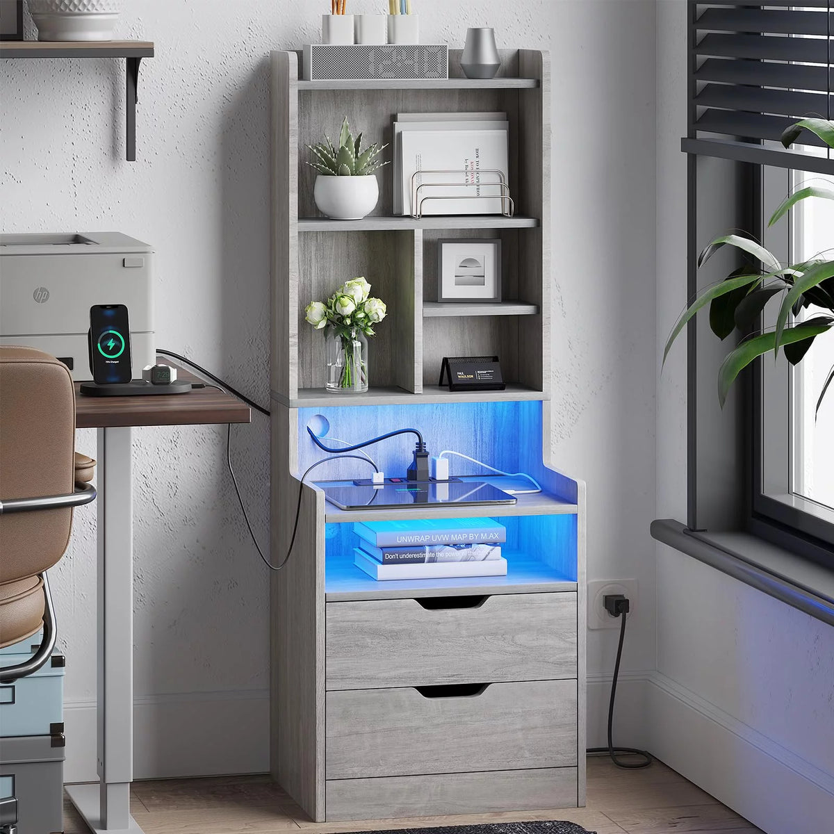 Set of 2 Gray Nightstand with Charging Station and 2 Drawers Y161604