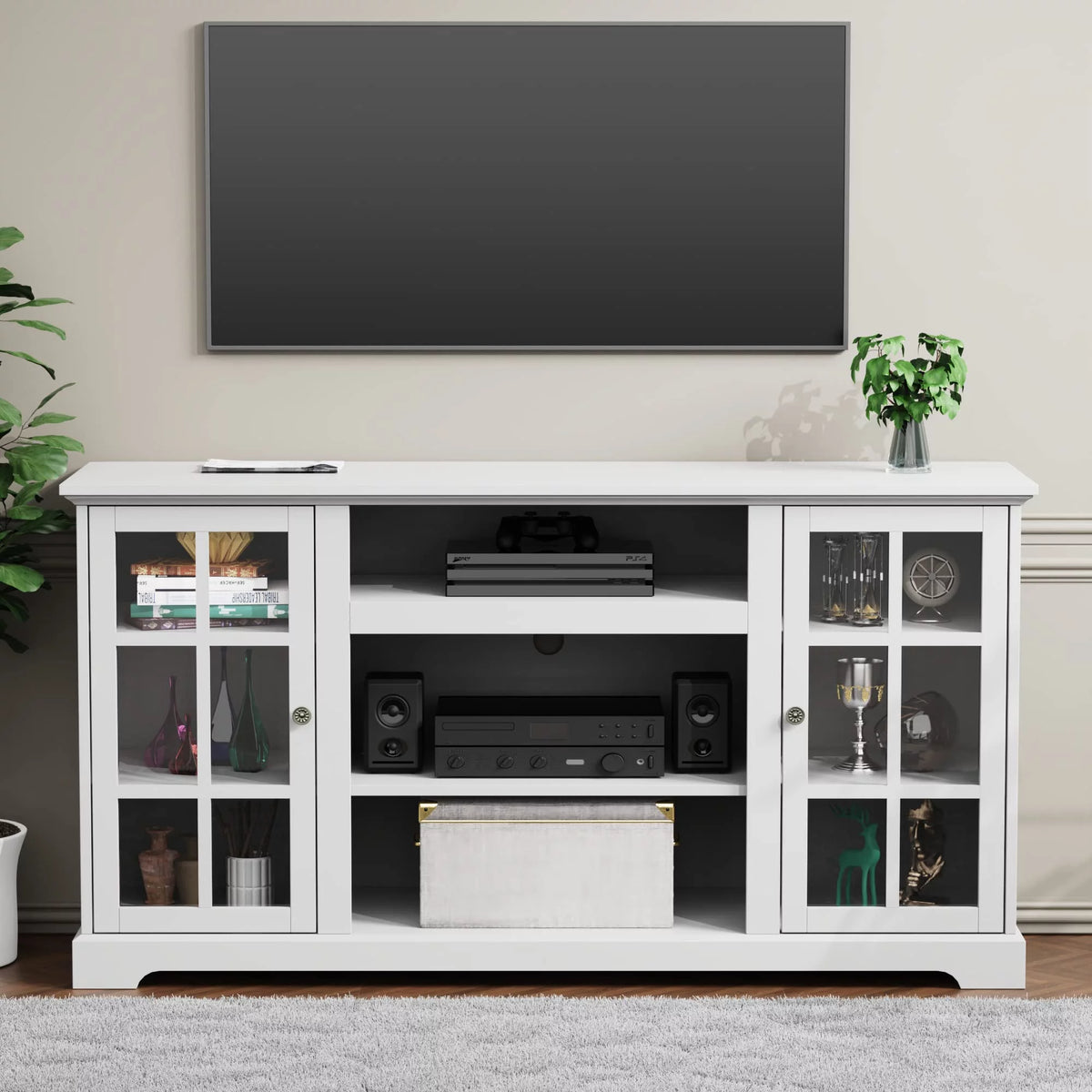 White Wood TV Stand with Glass Doors E985982