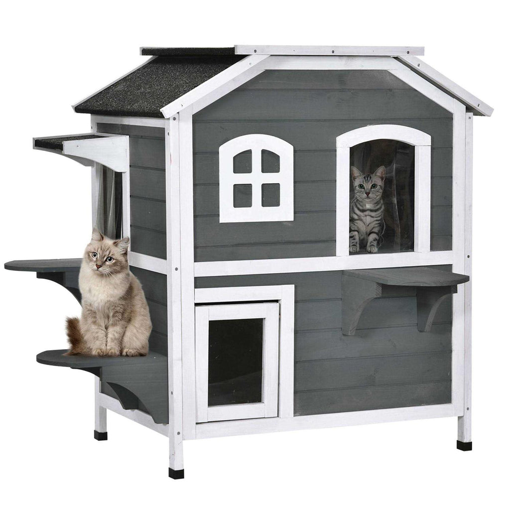Wooden 2-Story Outdoor Cat House with Escape Door Q739881