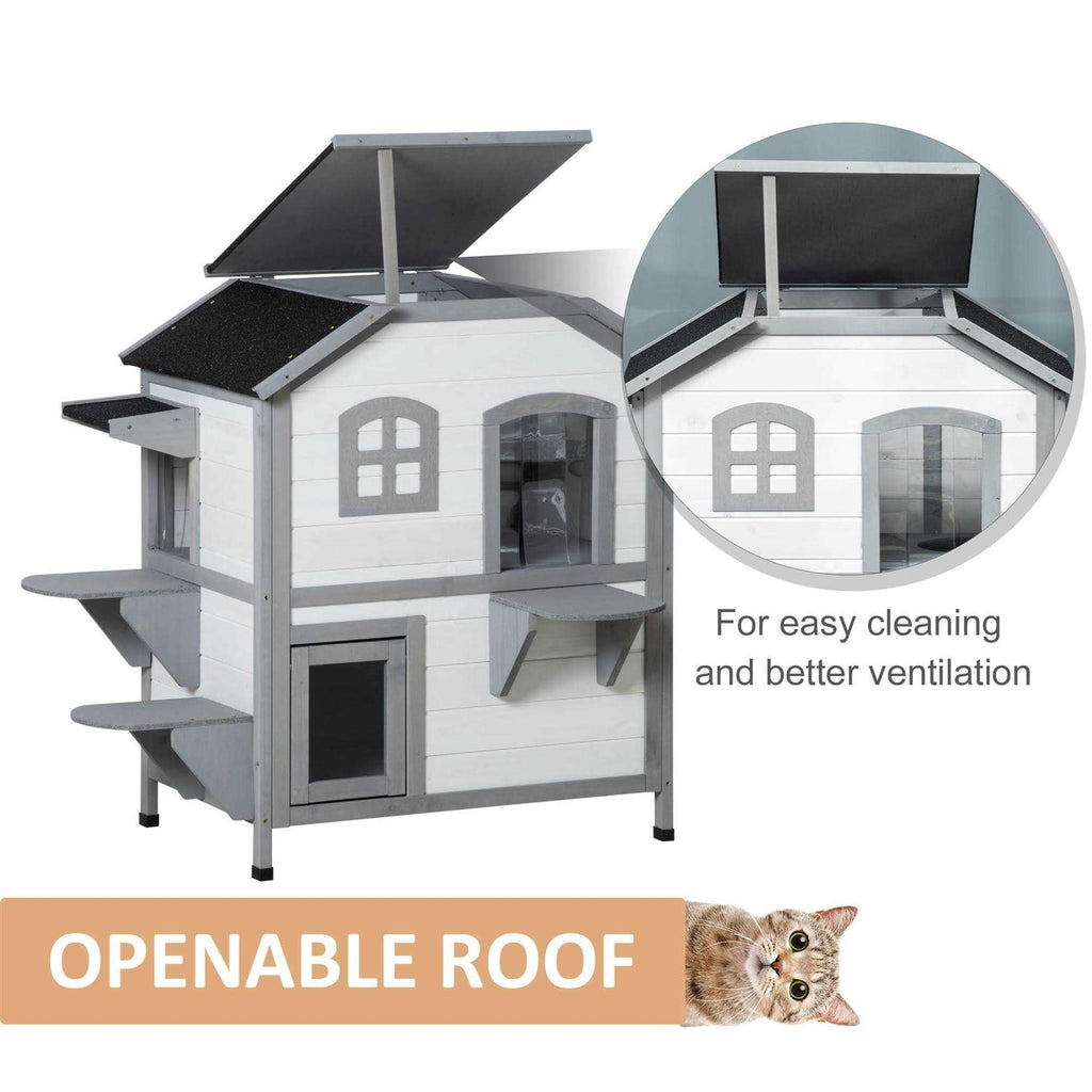 Wooden 2-Story Outdoor Cat House with Escape Door Q739881