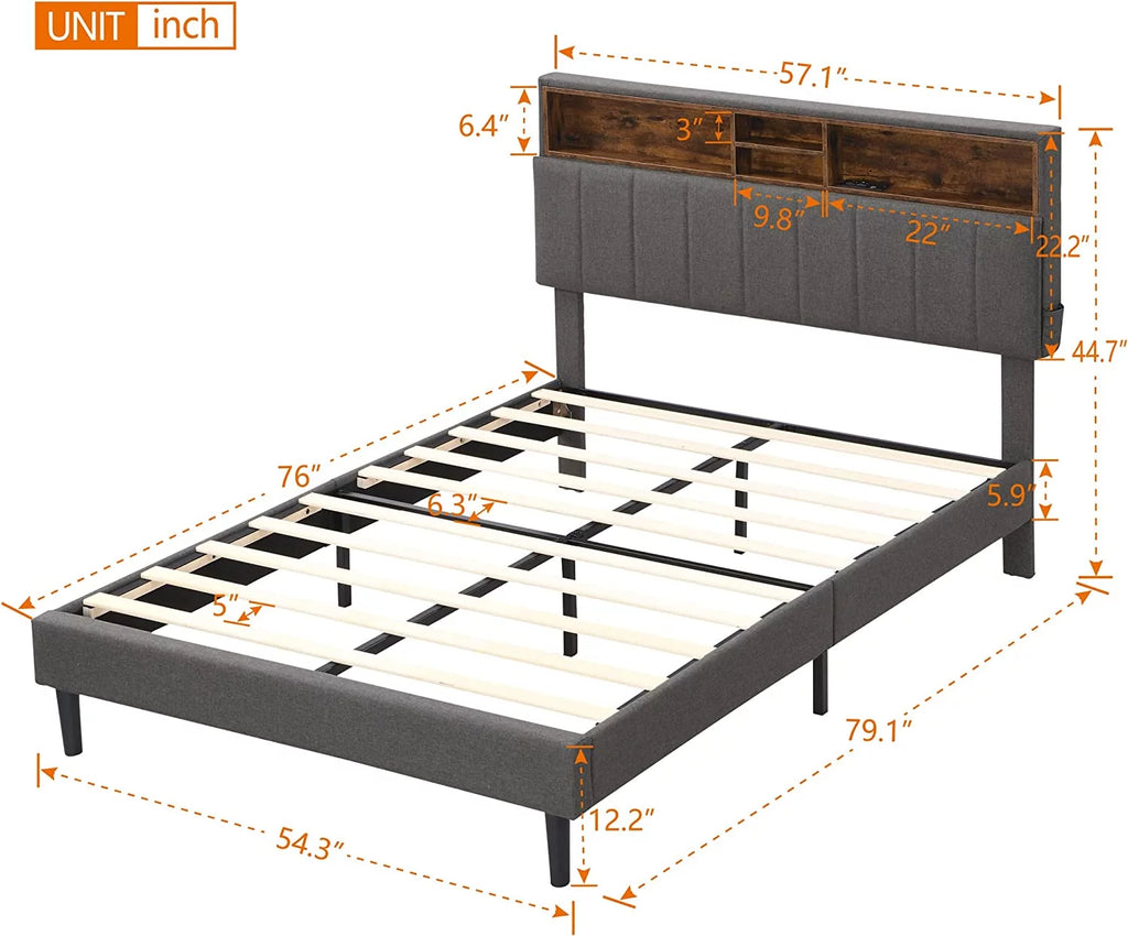 Full Size Linen Fabric Upholstered Platform Bed with Storage Headboard U42162