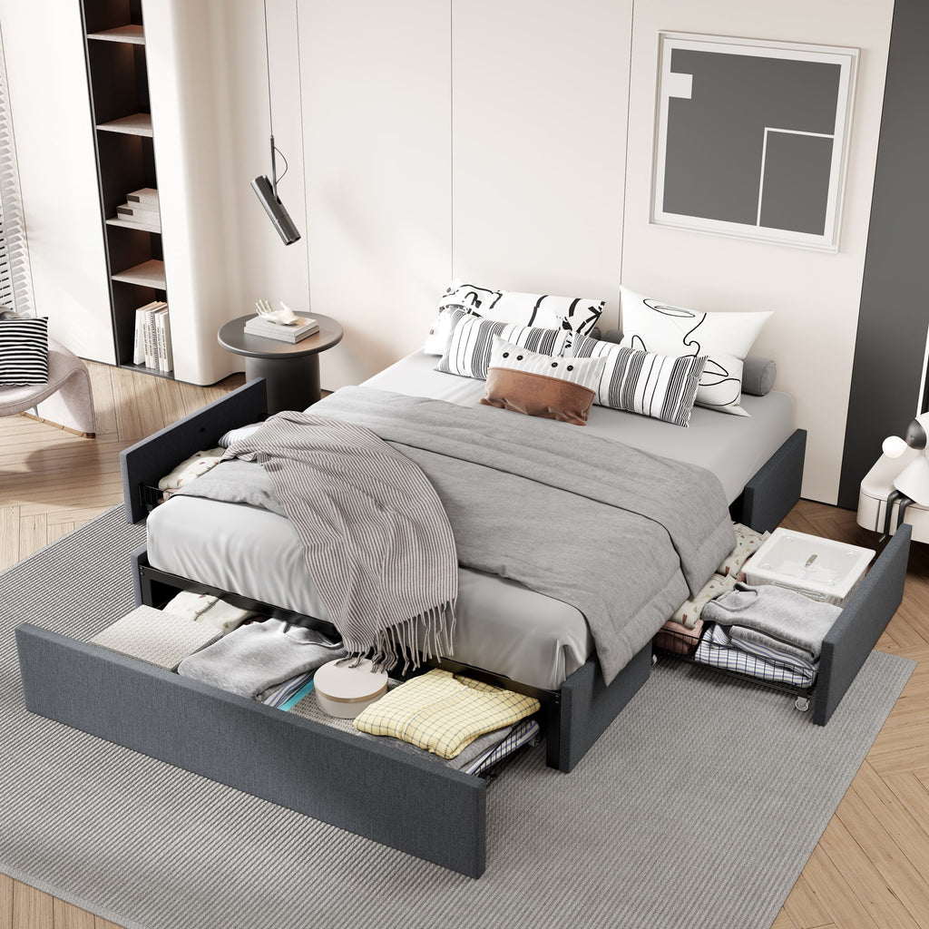 Dark Grey Queen Size Platform Bed Frame with 3 Storage Drawers S4436