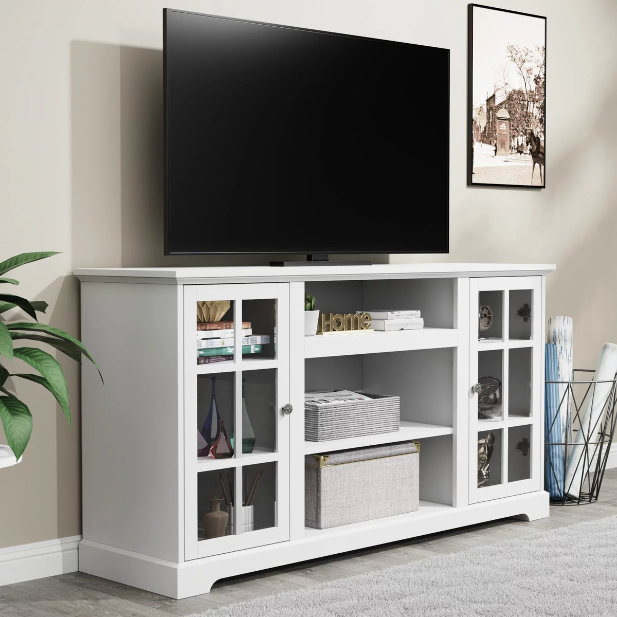 White Wood TV Stand with Glass Doors E985982