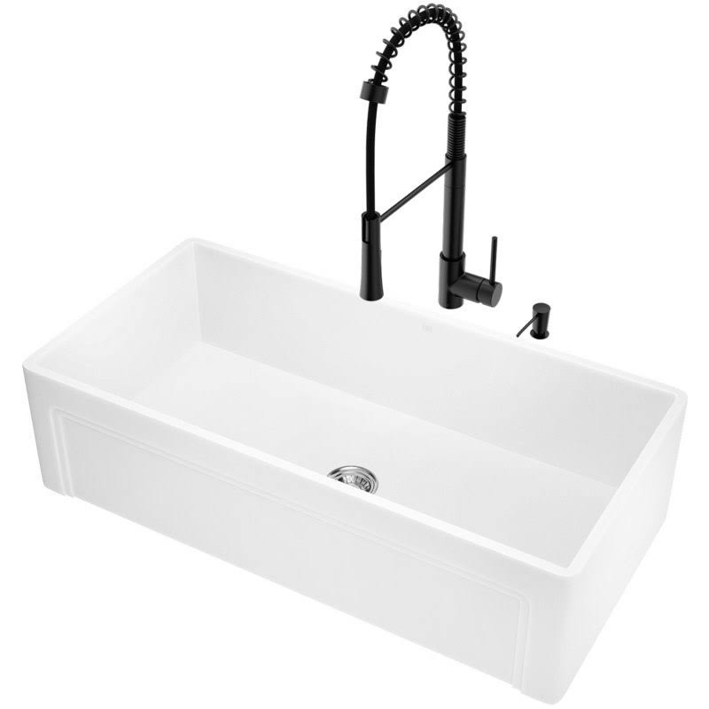 36x22 Matte Stone Farmhouse Apron Kitchen Sink Set with Faucet R44563