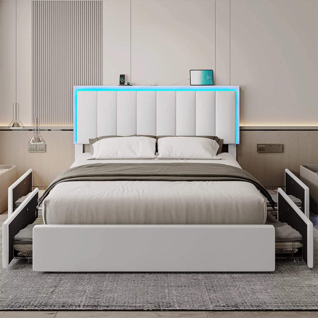 Queen LED Bed Frame with 4 Storage Drawers and USB Ports White J67593