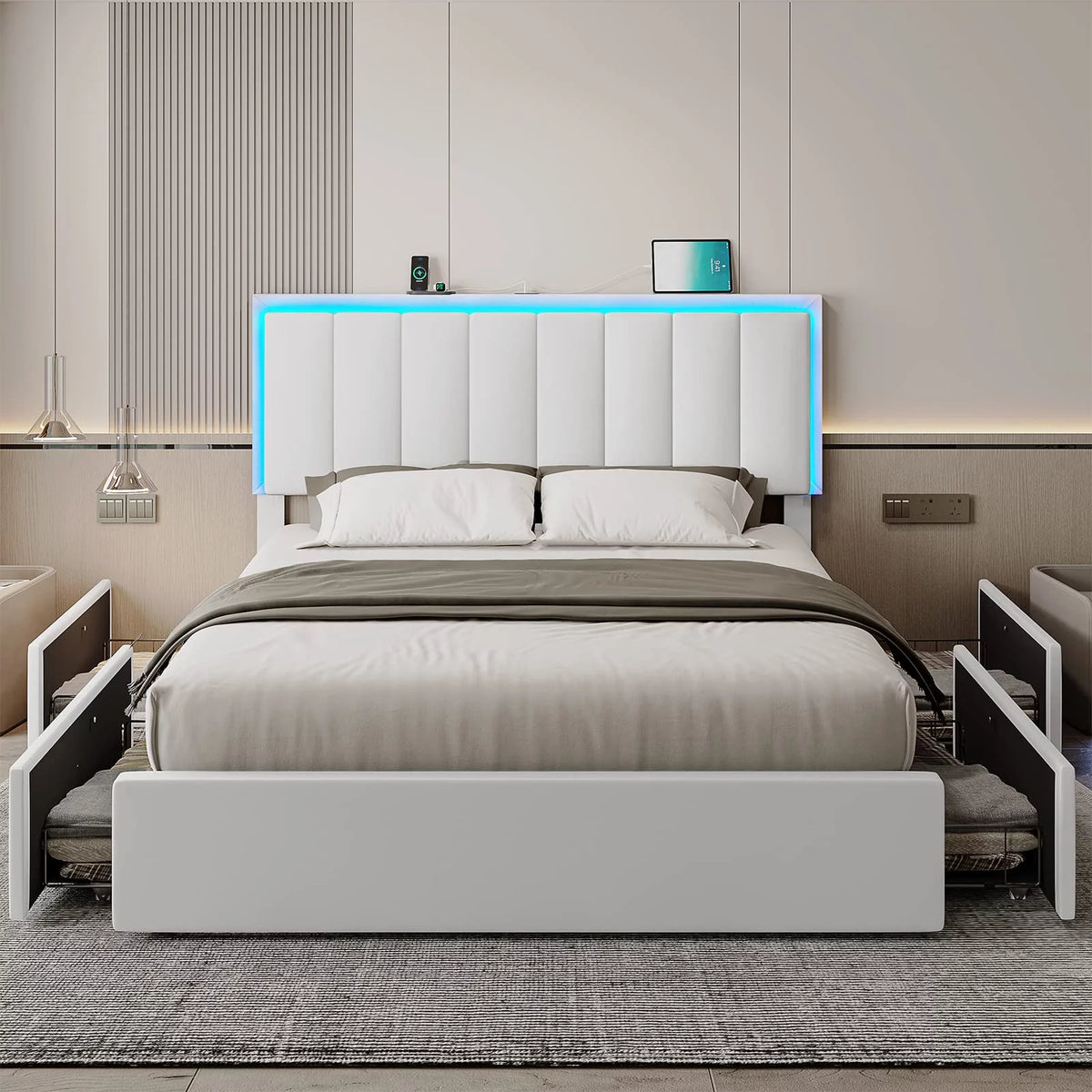 Queen LED Bed Frame with 4 Storage Drawers and USB Ports White J67593