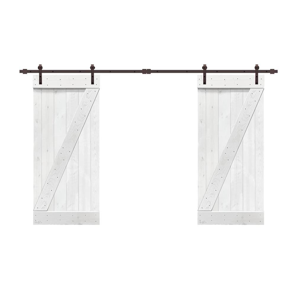 White Solid Pine Wood Interior Double Sliding Barn Door with Hardware Kit W431708