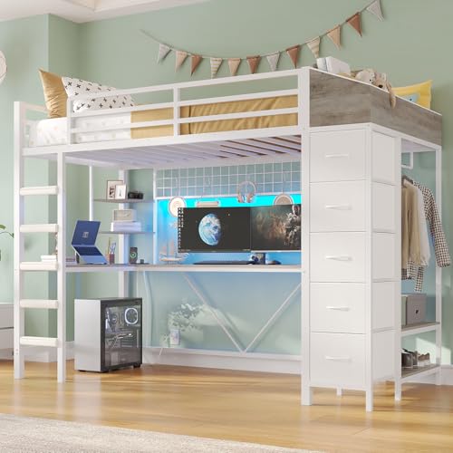 Twin Size Black Metal Loft Bed with Desk and Drawers X52344