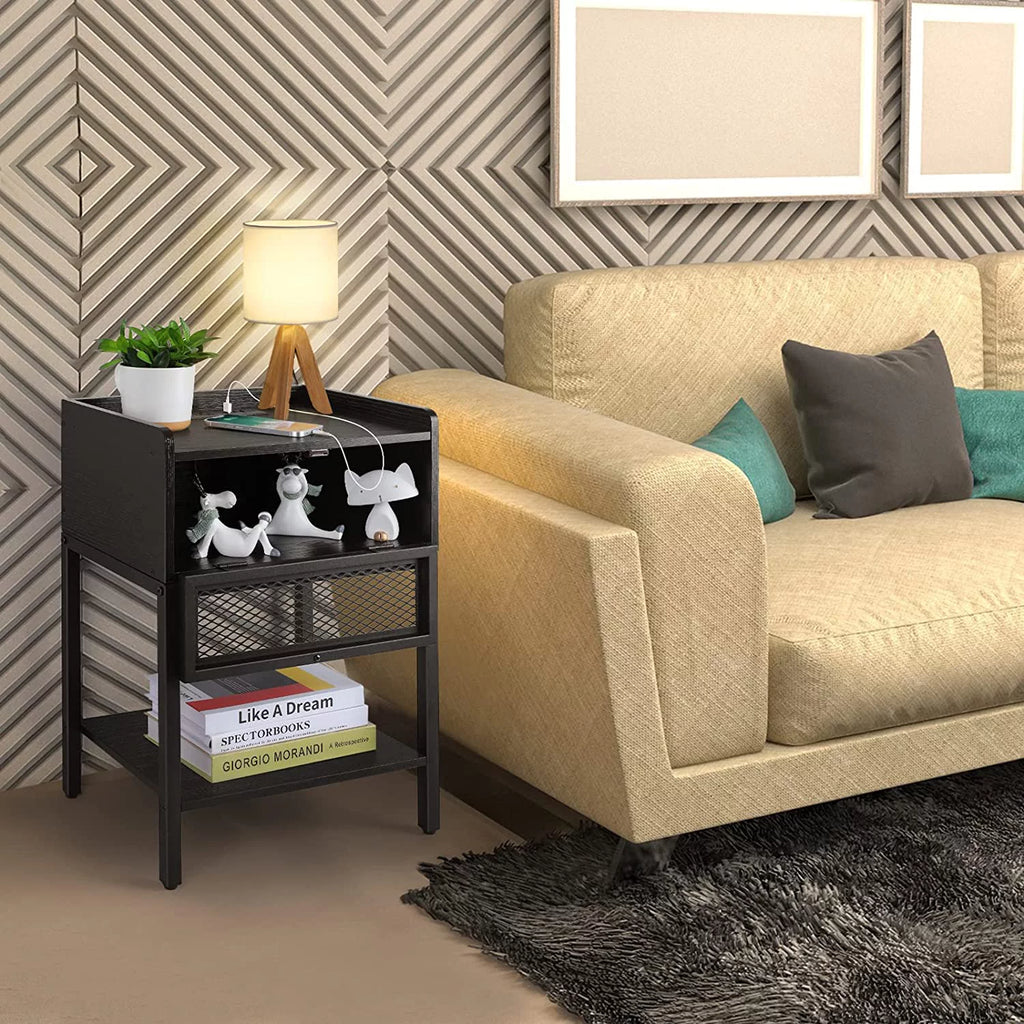 Black Nightstand with Charging Station and Drawers Y81677