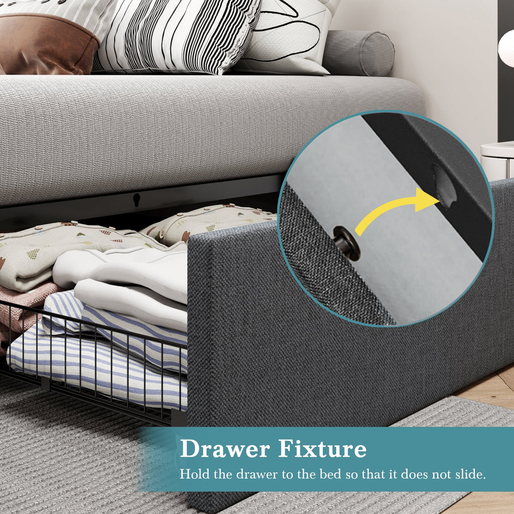 Dark Grey Queen Size Platform Bed Frame with 3 Storage Drawers S4436