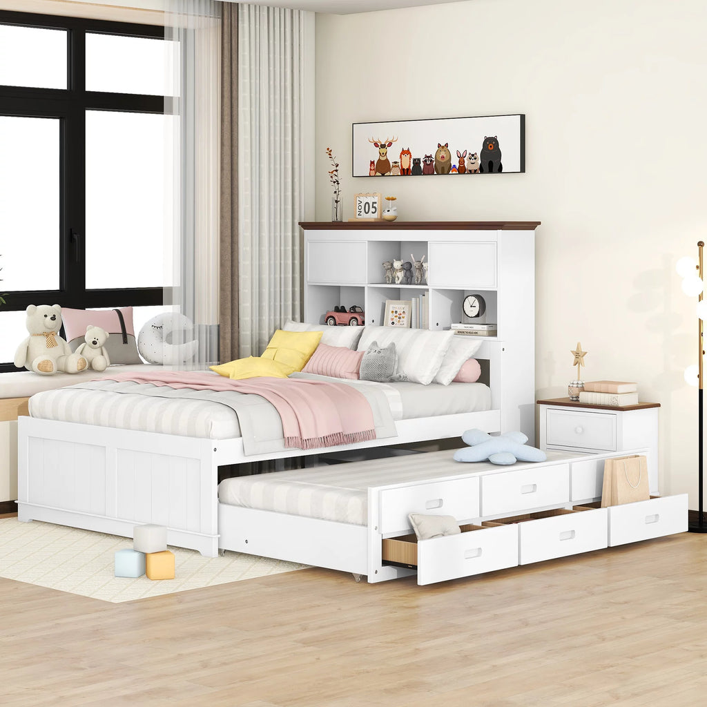 Full Size Wood Platform Bed with Drawers and Trundle K50580