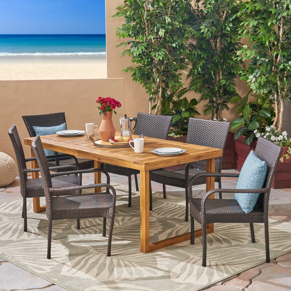 Acacia Wood and Wicker 7 Piece Dining Set M264