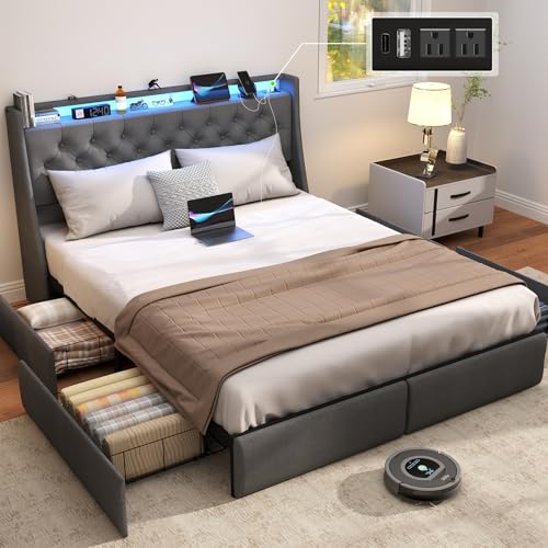 Queen Size Metal Platform Bed Frame with Storage Headboard and 4 Drawer S5785