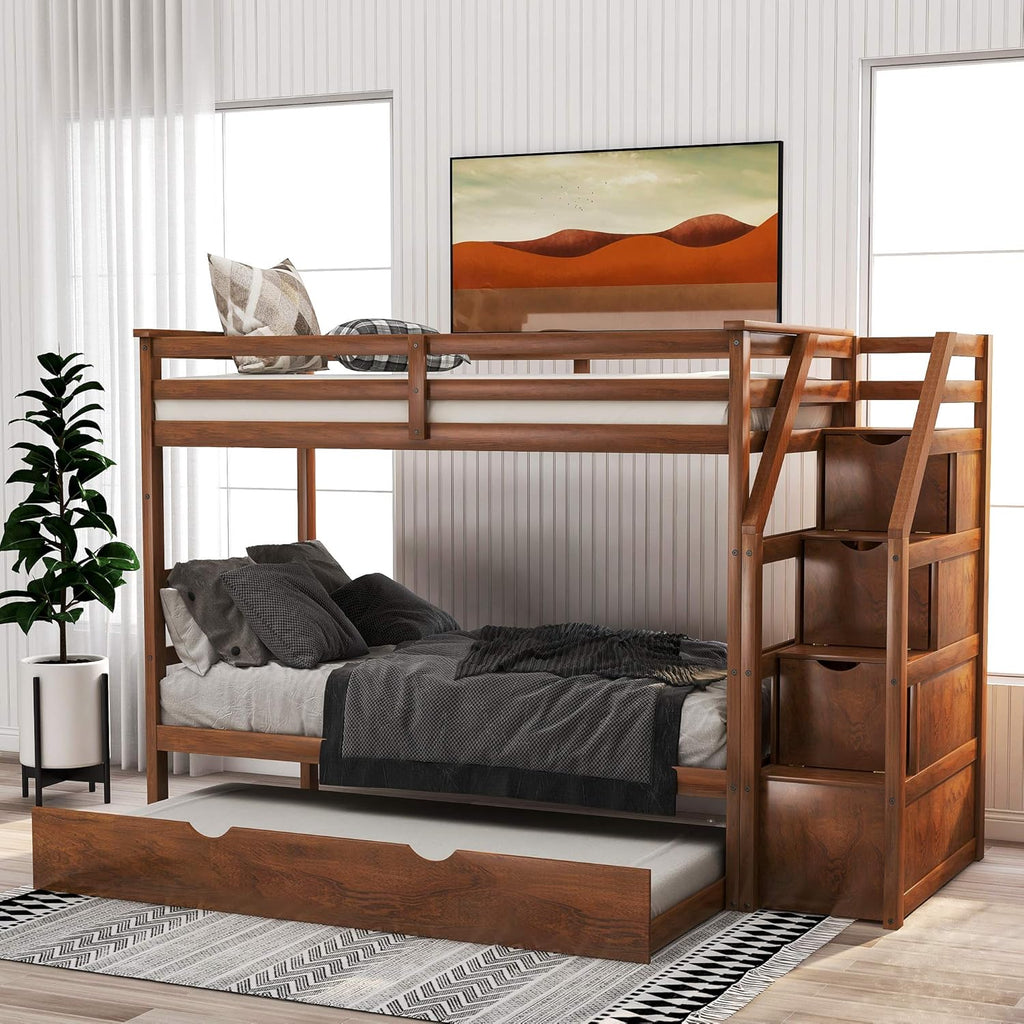 Solid Wood Twin-Over-Twin Bunk Bed with Trundle, 3 Storage Drawers, Staircase and Guard Rail L7566