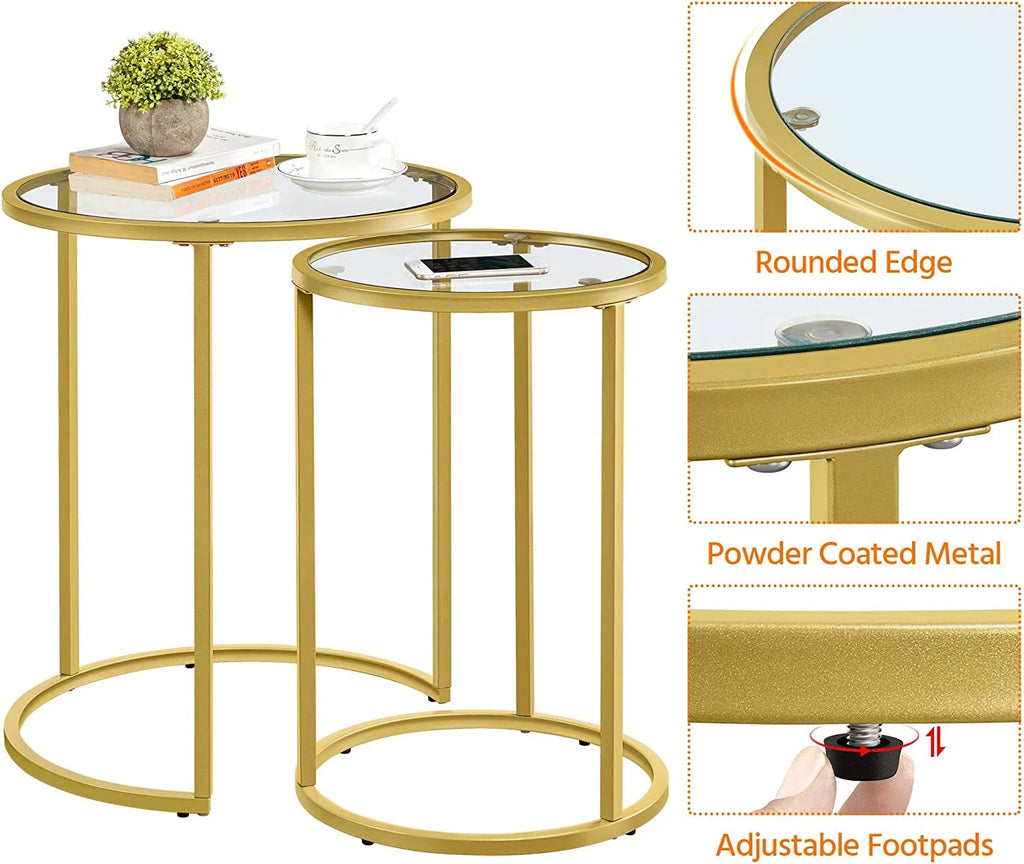 Set of 2 Round Nesting Side Table Metal Frame Tempered Glass B482319