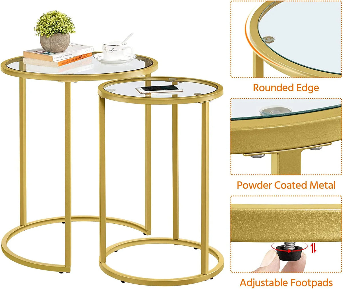 Set of 2 Round Nesting Side Table Metal Frame Tempered Glass B482319